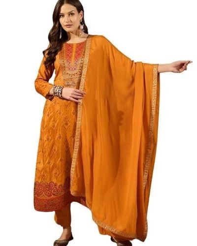 Vaamsi Women’s Mustard Silk Ikat Straight Woven Kurta Pant With Dupatta Set | Straight Kurta Set For Women | Woven Salwar Suit For Women