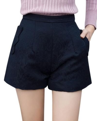 Women High Waist Floral Jacquard Two Pockets Padded Shorts