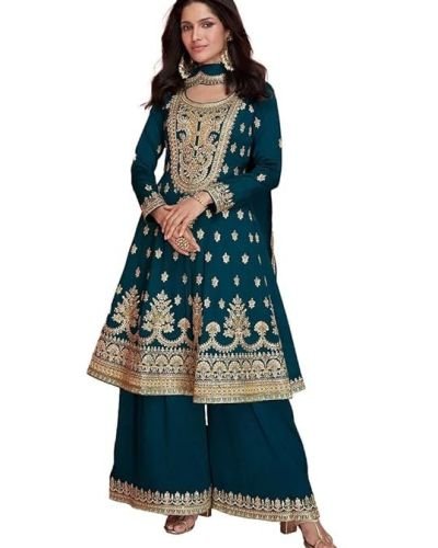 Miss Ethnik Women’s Pink Vichitra Silk Stitched Top With Stitched Vichitra Silk Bottom and Vichitra silk Dupatta Full Sleeve Embroidered Straight Kurta