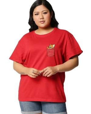 Official Tom & Jerry Merchandise Women’s 100% Cotton Graphic Print Boyfriend Fit Round Neck Plus Size T-Shirt