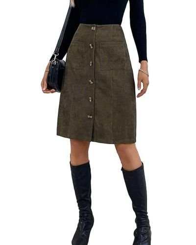 Women’s High Waist Button Front Corduroy Midi Skirt Casual Skirts