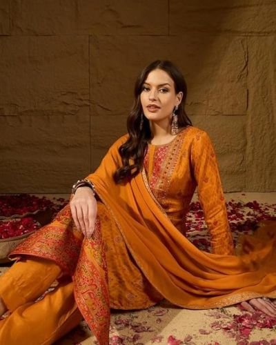 Vaamsi Women’s Mustard Silk Ikat Straight Woven Kurta Pant With Dupatta Set | Straight Kurta Set For Women | Woven Salwar Suit For Women
