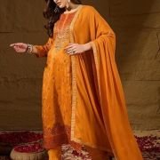 Vaamsi Women’s Mustard Silk Ikat Straight Woven Kurta Pant With Dupatta Set | Straight Kurta Set For Women | Woven Salwar Suit For Women