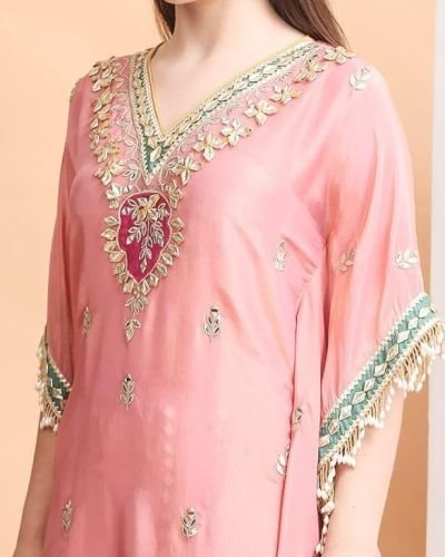 Traditional Embroidered Kaftan Palazzo Set, Pink, V-Neck with Fringe Details, Floral Embellished