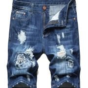 Men’s Moto Biker Jeans Shorts Ripped Distressed Denim Shorts with Broken Hole