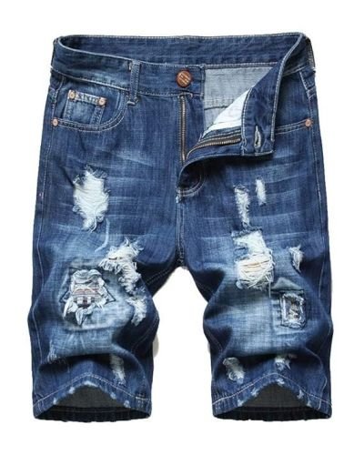 Men’s Moto Biker Jeans Shorts Ripped Distressed Denim Shorts with Broken Hole