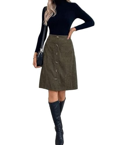 Women’s High Waist Button Front Corduroy Midi Skirt Casual Skirts