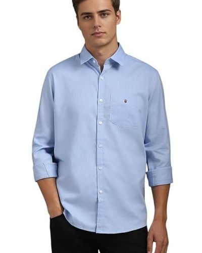 Louis Philippe Men’s Easy to Care Cotton Slim fit Solid Casual Shirt with Natural Stretch