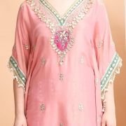 Traditional Embroidered Kaftan Palazzo Set, Pink, V-Neck with Fringe Details, Floral Embellished