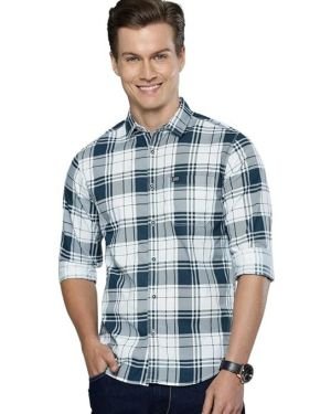 The Indian Garage Co Men’s Cotton Slim Fit Checkered Full Sleeves Cutaway Collar Casual Shirt