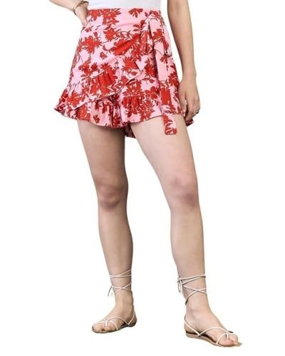 Women Floral Printed High-Rise Waist Tie-Up Ruffled Wrap Mini Skirts