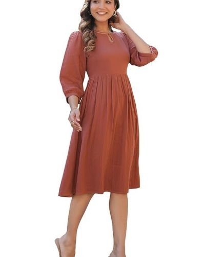 Women’s Rust Orange Pure Cotton Solid Fit & Flare Dress