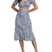 Women’s 2 Piece Outfits Floral Self Tie Knot Crop Top and Midi Skirt Set, 2#blue, Small