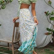 Women’s 2023 Bohemian Floral Printed Elastic Waist A Line Maxi Skirt with Pockets, Lake Blue, Small