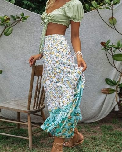 Women’s 2023 Bohemian Floral Printed Elastic Waist A Line Maxi Skirt with Pockets, Lake Blue, Small