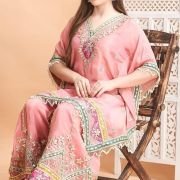 Traditional Embroidered Kaftan Palazzo Set, Pink, V-Neck with Fringe Details, Floral Embellished