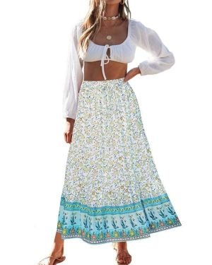 Women’s 2023 Bohemian Floral Printed Elastic Waist A Line Maxi Skirt with Pockets, Lake Blue, Small