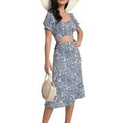 Women’s 2 Piece Outfits Floral Self Tie Knot Crop Top and Midi Skirt Set, 2#blue, Small