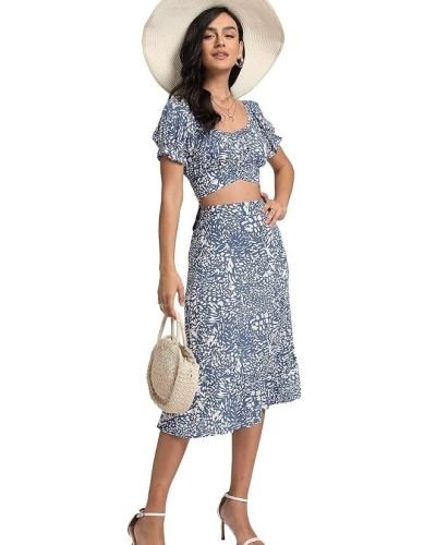 Women’s 2 Piece Outfits Floral Self Tie Knot Crop Top and Midi Skirt Set, 2#blue, Small