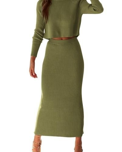 Women’s Fall 2 Piece Sweater Set Rib Knit Long Sleeve Crop Top Maxi Bodycon Skirt Casual Winter Outfits