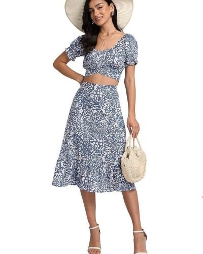 Women’s 2 Piece Outfits Floral Self Tie Knot Crop Top and Midi Skirt Set, 2#blue, Small