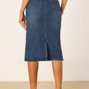 Casual Denim Skirt for Women’s High Waist Split Back Pockets Midi Jean Skirts