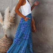Womens Casual High Waist Tiered Paisley Print Long Maxi Skirt with Pockets, Blue, X-Large