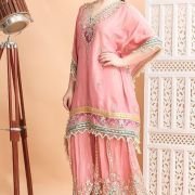 Traditional Embroidered Kaftan Palazzo Set, Pink, V-Neck with Fringe Details, Floral Embellished