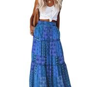Womens Casual High Waist Tiered Paisley Print Long Maxi Skirt with Pockets, Blue, X-Large