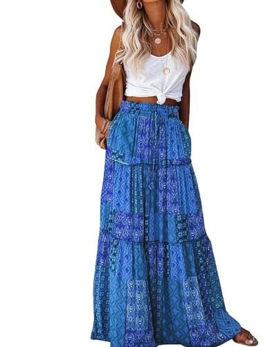 Womens Casual High Waist Tiered Paisley Print Long Maxi Skirt with Pockets, Blue, X-Large