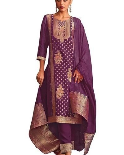 Janasya Women’s Organza Jacquard Straight Kurta Set