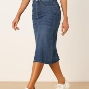 Casual Denim Skirt for Women’s High Waist Split Back Pockets Midi Jean Skirts