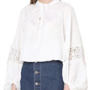 VERO MODA Tie-Up Neck Puff Sleeves Gathered Lace Detail Top