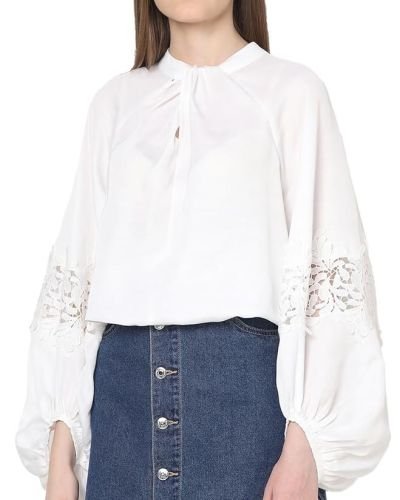 VERO MODA Tie-Up Neck Puff Sleeves Gathered Lace Detail Top