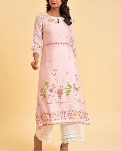 W for Woman Light Pink Floral Printed Summer Kurta