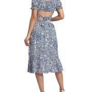 Women’s 2 Piece Outfits Floral Self Tie Knot Crop Top and Midi Skirt Set, 2#blue, Small
