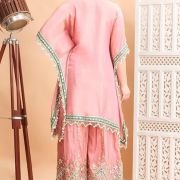 Traditional Embroidered Kaftan Palazzo Set, Pink, V-Neck with Fringe Details, Floral Embellished