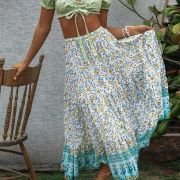 Women’s 2023 Bohemian Floral Printed Elastic Waist A Line Maxi Skirt with Pockets, Lake Blue, Small