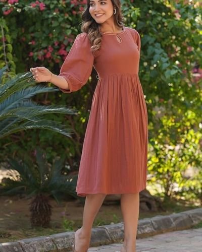 Women’s Rust Orange Pure Cotton Solid Fit & Flare Dress