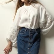 VERO MODA Tie-Up Neck Puff Sleeves Gathered Lace Detail Top