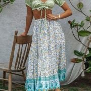 Women’s 2023 Bohemian Floral Printed Elastic Waist A Line Maxi Skirt with Pockets, Lake Blue, Small