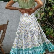 Women’s 2023 Bohemian Floral Printed Elastic Waist A Line Maxi Skirt with Pockets, Lake Blue, Small