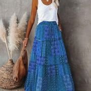 Womens Casual High Waist Tiered Paisley Print Long Maxi Skirt with Pockets, Blue, X-Large