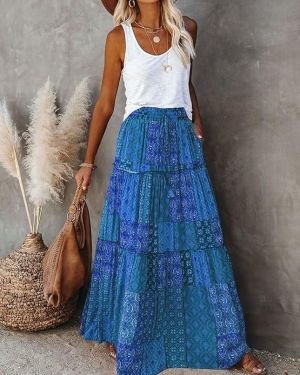 Womens Casual High Waist Tiered Paisley Print Long Maxi Skirt with Pockets, Blue, X-Large