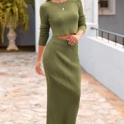 Women’s Fall 2 Piece Sweater Set Rib Knit Long Sleeve Crop Top Maxi Bodycon Skirt Casual Winter Outfits