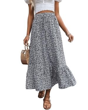 Rocks Women’s Casual High Waist Floral Print Skirt Split Thigh A Line Maxi Skirts