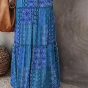 Womens Casual High Waist Tiered Paisley Print Long Maxi Skirt with Pockets, Blue, X-Large