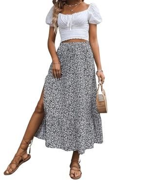 Rocks Women’s Casual High Waist Floral Print Skirt Split Thigh A Line Maxi Skirts