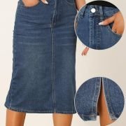 Casual Denim Skirt for Women’s High Waist Split Back Pockets Midi Jean Skirts