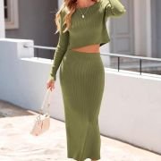Women’s Fall 2 Piece Sweater Set Rib Knit Long Sleeve Crop Top Maxi Bodycon Skirt Casual Winter Outfits